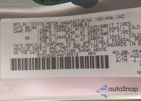 2004 Toyota Sienna Xle Limited z USA, uszkodzony, nr VIN 5TDZA22C44S185518